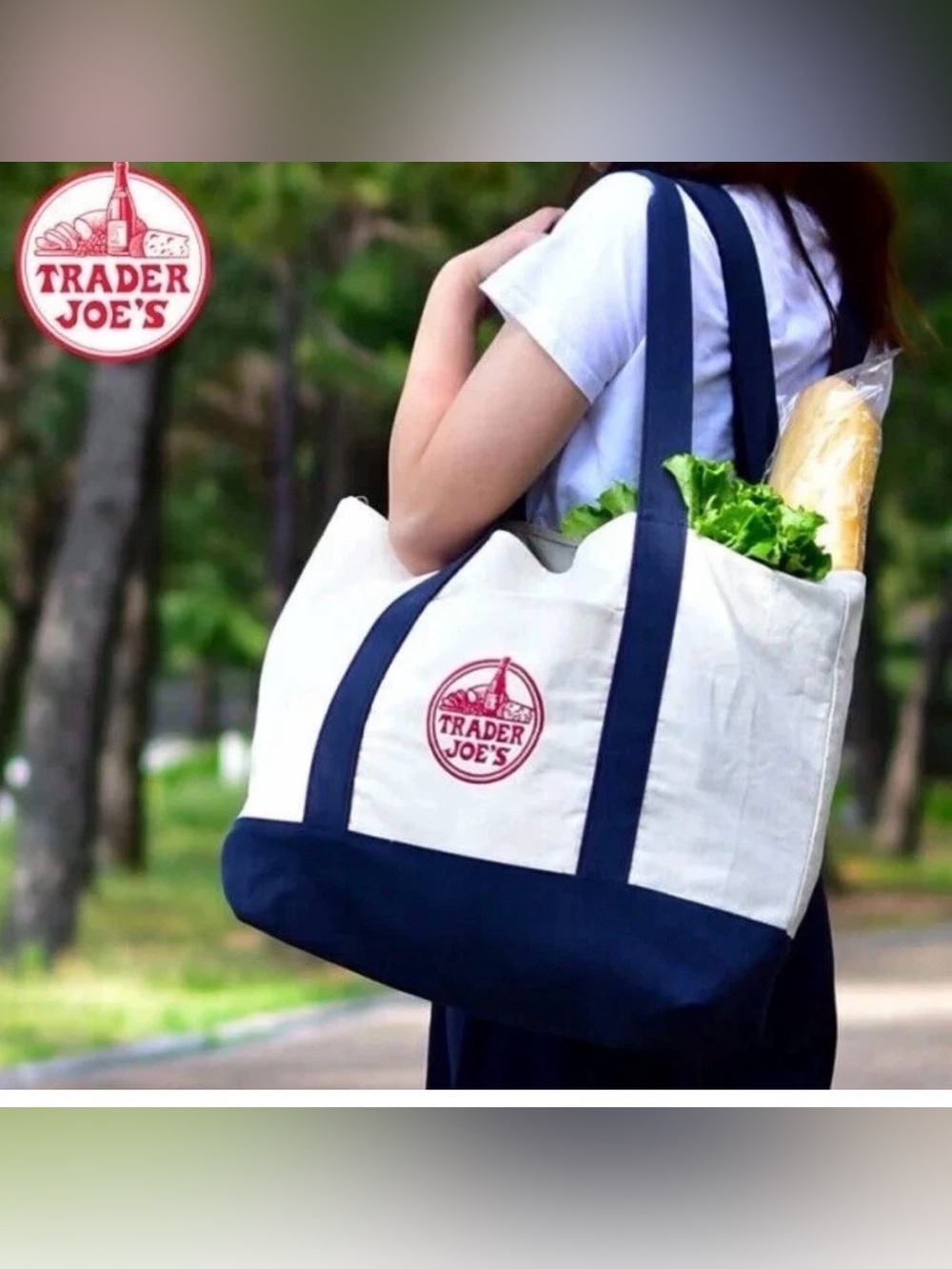 Trader Joe's Large Canvas Tote Bag Navy Cream Reusable NWT - Picture 2 of 5